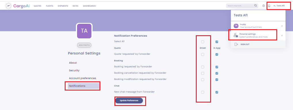 Notification preferences screen